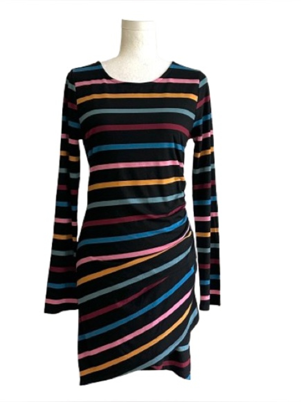Lumiere Black Multicolor Striped Jersey Long Sleeve Side Ruched Dress Medium NEW